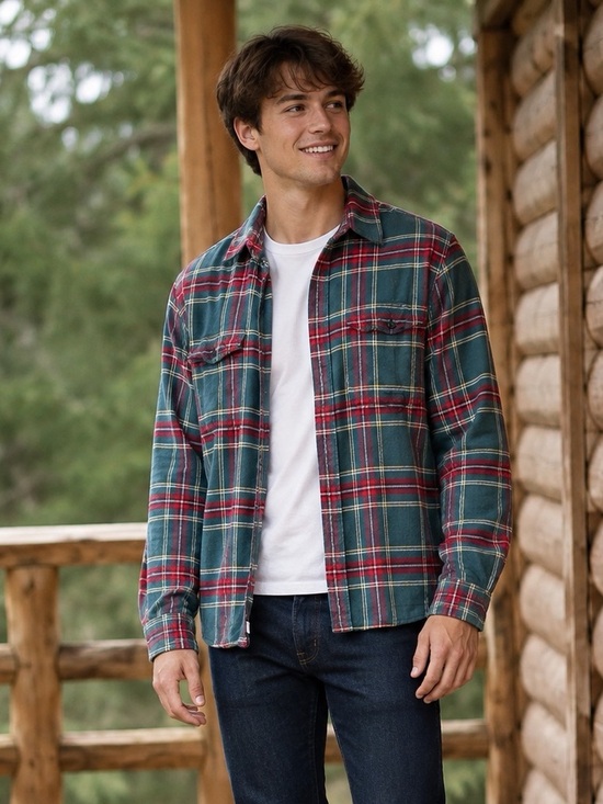 American Eagle Outfitters Green and Red Plaid Button-Front Shirt