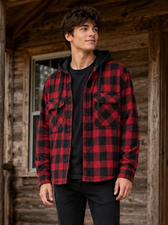 Original Use Men's Red and Black Buffalo Plaid Button-Down Hooded Flannel